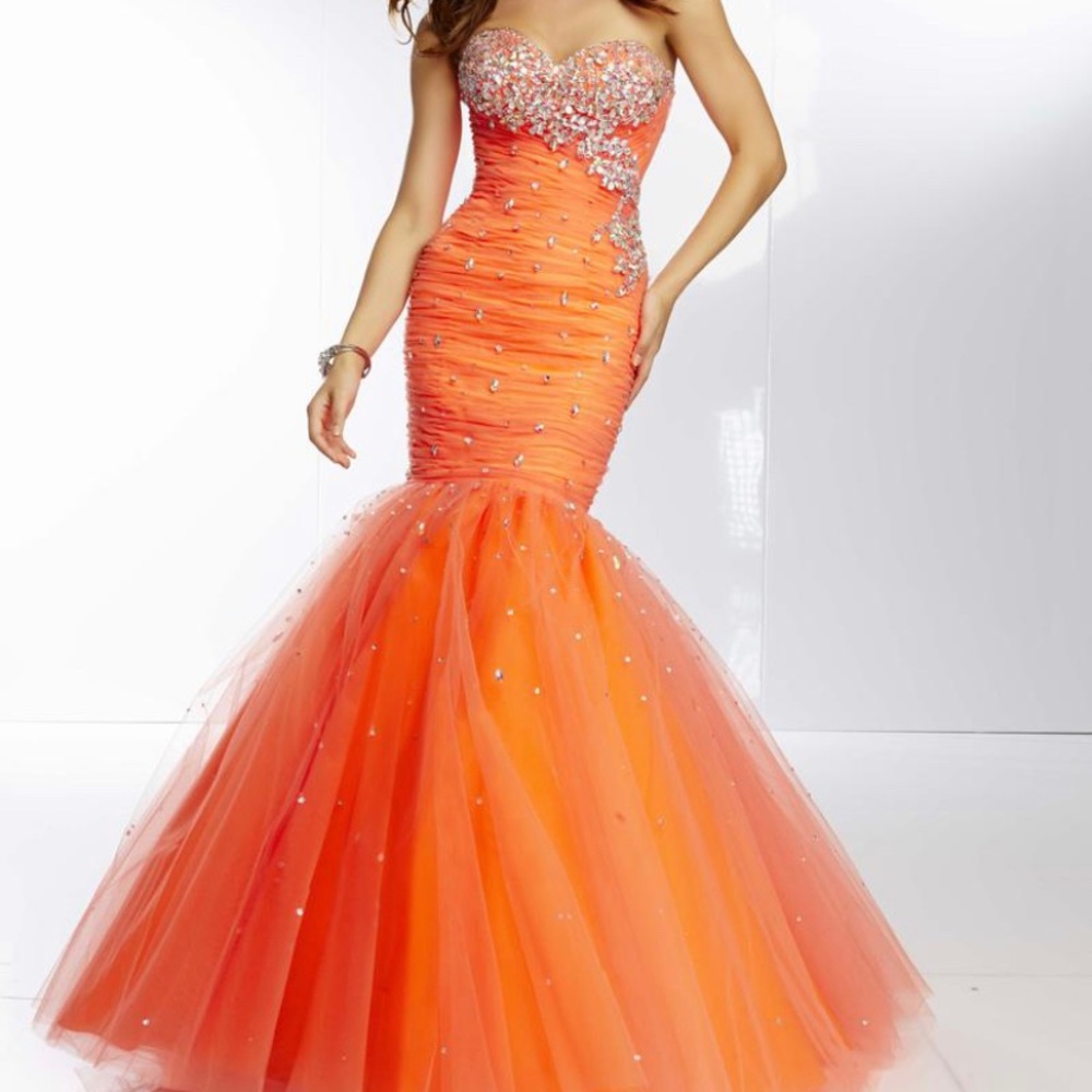 Orange mermaid gown. Prom pageant homecoming